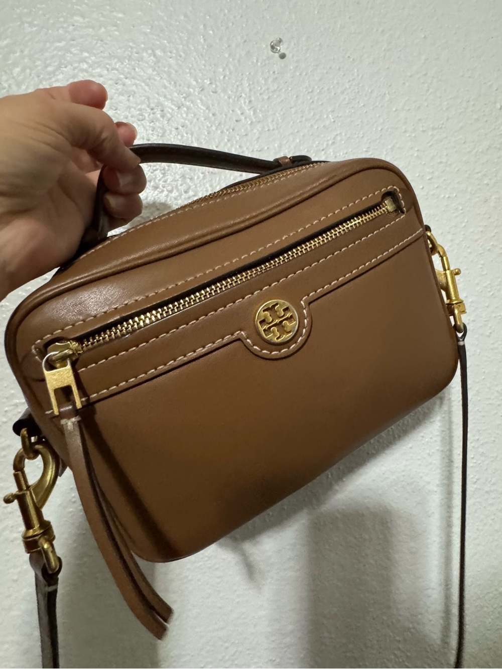 Tory Burch Tan Leather Camera Crossbody with Gold Hardware